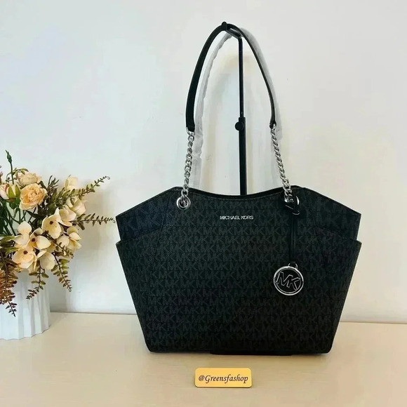 Michael Kors Purse jet set travel large chain tote shoulder bag black signature